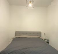 1,5 izb. byt s predzáhradkou, Podunajské Biskupice, projekt Oppidum - Spálňa v 2-izbovom byte so sivou posteľou a závesným svetlom.