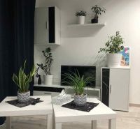1,5 izb. byt s predzáhradkou, Podunajské Biskupice, projekt Oppidum - Obývacia izba v 2-izbovom byte so stolmi, rastlinami a podlahou s dreveným dekorom.