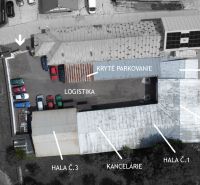 Priemyselný areál (tri haly, recepcia, kancelária, garáže, logistika) - Letecký pohľad na logistické sklady a haly v Banskej Bystrici s parkovaním.