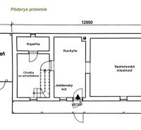 Na predaj chalupa, pozemok 1891 m2, obec Šumiac, okr. Brezno - Pôdorys rodinného domu so spoločenskou miestnosťou, kuchyňou, kúpeľňou a drevárňou.