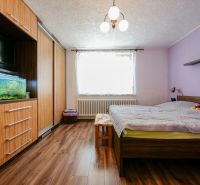 Priestranný 4 izbový rodinný dom po rekonštrukcii - Branč  - Spálňa v rodinnom dome s podlahou s dreveným dekorom, vstavanou skriňou a akváriom.