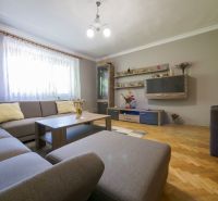 Rodinný dom s krásnym 18 á pozemkom ( stavebným) - Nové Sady  - Obývačka v rodinnom dome s veľkou pohovkou a podlahou s dreveným dekorom.