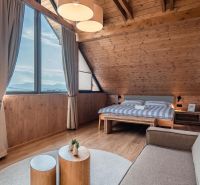 I Luxusné dvojpodlažné chalet pri Liptovskej Mare - Podkrovná izba s veľkým oknom, posteľou, pohovkou a podlahou s dreveným dekorom.