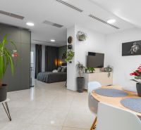 I Exkluzívny penthouse s terasou v absolútnom centre mesta - Obývacia časť 2-izbového bytu s rastlinami, jedálňou a vstupom do spálne.