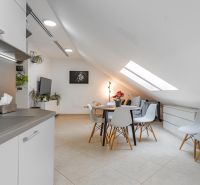 I Exkluzívny penthouse s terasou v absolútnom centre mesta - Otvorený priestor s kuchyňou a jedálenským stolom v 2-izbovom byte, svetlé farby.
