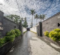 I Na predaj Luxusná vila „Tomma“ v Ubud, Bali - Vila v Bali obklopená palmami, dláždená cesta a zeleň pozdĺž plotu.