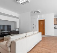 I Predaj priestranného 3-i bytu pri Klientskom centre - Obývacia izba s bielou sedačkou a kuchynským kútom v 3-izbovom byte, podlaha s dreveným dekorom.
