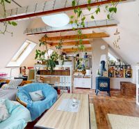 Rodinný dom 240 m², 3 bytové jednotky, veľký pozemok, Lamač - Rodinný dom s podkrovím, rozmanité rastliny, krbové kachle a podlahou s dreveným dekorom.