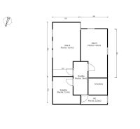 Rodinný dom s veľkou záhradou - Ružinov  - Pôdorys rodinného domu s izbami a schodiskom, celková plocha je 59 m².