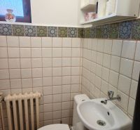 Veľký dom s veľkou garážou v Mankovciach  - Kúpeľňa v rodinnom dome s toaletou, umývadlom a oknom, obložená kachličkami.