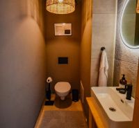 I Dom s wellness, bazénom a hotovým biznis potenciálom - Malá kúpeľňa s toaletou, umývadlom, nástennými svietidlami a dekoráciou v rodinnom dome.