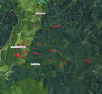 Ľubické kúpele, Ľubica – 3.373 m2 LESY a ORNÁ pôda - Predaj - Mapa ukazuje Poľnohospodárske a lesné pozemky v okolí Ľubice, označené červenou farbou.