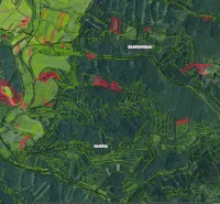 Ľubické kúpele, Ľubica – 3.373 m2 LESY a ORNÁ pôda - Predaj - Mapa poľnohospodárskych a lesných pozemkov v okolí Ľubice s farebnými označeniami.