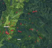 Ľubické kúpele, Ľubica – 3.373 m2 LESY a ORNÁ pôda - Predaj - Letecký pohľad na poľnohospodárske a lesné pozemky v okolí Ľubice s označením hraníc.