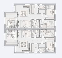 Posledný Voľný - Moderný 4-izbový rodinný dom s terasou a záhradou - Pôdorys rodinného domu so štyrmi spálňami, kuchyňou a obývacou izbou.
