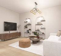 Posledný Voľný - Moderný 4-izbový rodinný dom s terasou a záhradou - Obývacia izba v rodinnom dome s podlahou s dreveným dekorom a bielym nábytkom.
