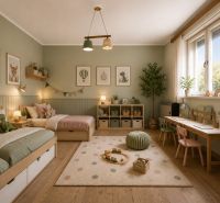 3 izbový Rodinný dom v Cabaj-Čápore s pozemkom 1 053 m² - Detská izba v rodinnom dome s podlahou s dreveným dekorom a hracími prvkami.