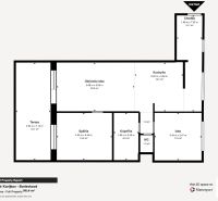 PREDAJ, 3 izbový byt v novostavbe PANORÁMA, ulica Borievková - Pôdorys 3-izbového bytu s terasou, kuchyňou a kúpeľňou. Celková plocha 96,4 m².