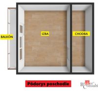 NA PRENÁJOM: 2-izbový byt v rodinnom dome s parkovaním – SNV - Pôdorys 2-izbového bytu s balkónom a podlahou s dreveným dekorom.