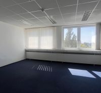 Prenájom kancelárskych priestorov  Drieňová ul., 209 m2 - 600 m2 - Kancelária s tmavým kobercom, bielymi stenami a veľkým oknom.