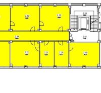Prenájom kancelárskych priestorov  Drieňová ul., 209 m2 - 600 m2 - Pôdorys kancelárií na druhom poschodí s označením rôznych miestností a ich veľkostí.