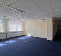 Prenájom kancelárskych priestorov  Drieňová ul., 209 m2 - 600 m2 - Kancelárie s modrým kobercom, veľkými oknami a podhľadovým stropom na Drieňovej ulici.
