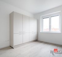 Na predaj : Kompletne zrekonštruovaný 3-izbový byt na Štúrovej v Nitre - Svetlá izba s bielou skriňou a podlahou s dreveným dekorom v 3-izbovom byte.