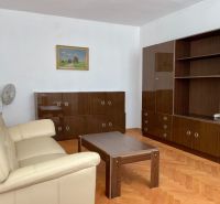 I PREDAJ 2-IZBOVÝ BYT S KLIMATIZÁCIOU A BALKÓNOM I RUŽINOV - Obývacia izba v 2-izbovom byte s podlahou s dreveným dekorom, sofou a skrinkami.