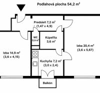 I PREDAJ 2-IZBOVÝ BYT S KLIMATIZÁCIOU A BALKÓNOM I RUŽINOV - Pôdorys 2-izbového bytu s plochou 54,2 m², balkónom a kuchyňou.