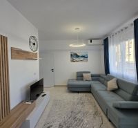 Albánsko, Durres - zariadený apartmán len 100m od mora a pláže - Obývacia izba v 2-izbovom byte so sedačkou, televízorom a dekorom z dreva.