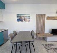 Albánsko, Durres - zariadený apartmán len 100m od mora a pláže - Svetlá kuchyňa v 2-izbovom byte so stolom, obrazom mušlí a televízorom.
