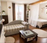 Krásny priestranný klimatizovaný 1izbový byt s terasou 66m2 - Svetlý obývací priestor v 1-izbovom byte s podlahou s dreveným dekorom a pohodlnou pohovkou.
