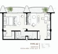 1 SPÁLŇOVÝ APARTMÁN THE CORAL KOH SAMUI - Pôdorys 2-izbového bytu s označením typu A2, vrátane obytných miestností.