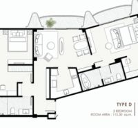 2 SPÁLŇOVÝ APARTMÁN THE CORAL KOH SAMUI - Pôdorys 3-izbového bytu s priestranným obývacím priestorom a dvoma spálňami.