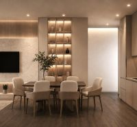 Albánsko, Drač - zrekonštruovaný byt  s výhľadom na more - Štýlový interiér rekreačného apartmánu s podlahou s dreveným dekorom a vkusným osvetlením.