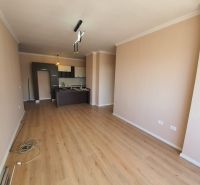 Albánsko, Drač - zrekonštruovaný byt  s výhľadom na more - Kuchyňa v Rekreačnom apartmáne s podlahou s dreveným dekorom a jemnými farbami na stenách.
