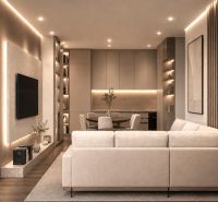 Albánsko, Drač - zrekonštruovaný byt  s výhľadom na more - Rekreačný apartmán s pohodlnou sedačkou, podlahou s dreveným dekorom a útulným osvetlením.