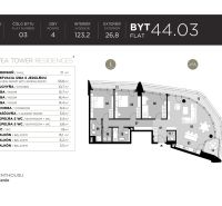 EUROVEA TOWER - Penthouse 4-izbový s výhľadom na downtown , 44.p - Pôdorys 4-izbového bytu s rozlohou 123,2 m² a tromi balkónmi.