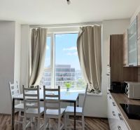 Na prenájom luxusný 3 izb. byt s garážou v Panorama City, Staré Mesto. - Kuchyňa s jedálenským stolom, podlaha s dreveným dekorom, v 3-izbovom byte.