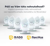 | Exkluzívny 2-izbový byt v Perle Ružinova | 49 ㎡ | Ružinove - Ocenenia realitnej kancelárie RADO Reality Group s logom RentHub, text inzeruje služby.