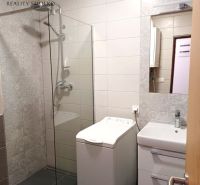 2-izbový byt s loggiou, vlastným kúrením a parkovaním - Veľký Šariš - Kúpeľňa v 2-izbovom byte s práčkou, sprchovým kútom a umývadlom.