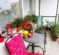 Veľký, slnečný a priestranný 3-izbový byt  - Balkón s kvetmi a stoličkami v 3-izbovom byte.
