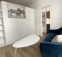 Prenájom 2-izbový byt s balkónom Martin – Podháj (41m2) - Obývačka so sedačkou a bielym stolíkom, podlaha s dreveným dekorom v 2-izbovom byte.
