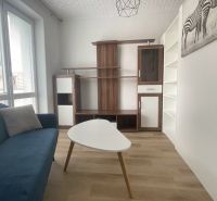 Prenájom 2-izbový byt s balkónom Martin – Podháj (41m2) - Obývacia izba s modrou pohovkou a podlahou s dreveným dekorom v 2-izbovom byte.