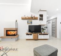 MODERNÁ NOVOSTAVBA | TOPOĽČANY | MRAVENISKO - Interiér rodinného domu s krbom, televízorom a jedálňou na podlahe s dreveným dekorom.