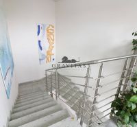 Samostatná kancelária 19,16 m2 - Lamačská cesta - Schodisko s nerezovým zábradlím v kanceláriách, ozdobené obrazmi a rastlinami na Lamačskej ceste.