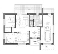 4. ETAPA!!! MODERNÁ NOVOSTAVBA - 3 izbový nízkoenergetický bungalov vy - Pôdorys rodinného domu zobrazuje dve izby, obývaciu miestnosť, kuchyňu a garáž.