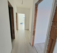 NOVOSTAVBA! 3- izbový byt so záhradkou - Chodba s podlahou s dreveným dekorom v 3-izbovom byte, bielymi stenami a otvorenými dverami.