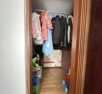☎️ 0918197701-NA PREDAJ  APARTMÁNOVÝ  DOM V KÚPEĽNOM MESTE  VO VEĽKOM  - Malá šatňa s oblečením a úložnými boxmi v rodinnom dome, podlaha s dreveným dekorom.