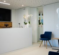 Kompletne zariadená zubná ambulancia, Záhorská Bystrica - Recepcia dentalnej kliniky s pohodlným sedením, návrh interiéru s drevom a kvetmi.